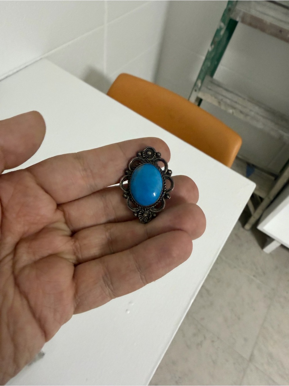 Turquoise Oval Filigree Brooch - Vintage mid century